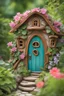 Placeholder: A whimsical fairy house with a door nestled within a vibrant garden, featuring winding vines and blooming flowers.