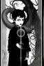 Placeholder: 7 year old boy, necromancer, friendly, looks dead,with a lamprey serpent , wearing black robes, in the style of Harry Clarke