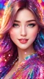 Placeholder: Beautiful anime girl with a dress fully covered with many colorful sequins, front view, beautiful anime portrait, realistic anime face, long shiny hair, glowing eyes, beautiful face, rosy cheeks, red lips, smile, colorful bokeh background, gorgeous, detailed, correct face structure, correct anatomy