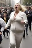 Placeholder: an obese terrified blonde white woman crying and sobbing in a pant suit desperately running away from an angry mob of thousands of black people chase her down a city street