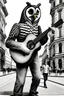 Placeholder: One single mature owl, playing guitar in the street , Vienna, smiling, sunny day, model style, hyper realistic, extremely accurate, delicate, extremely detailed, Graphic novel style, wide-angle, open aperture, superfine pencil