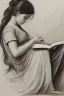 Placeholder: Pencil sketch of Young woman, Arab features,sad, long wavy hair, reading a book, full body، on lined paper