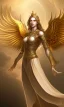 Placeholder: Female angel with big wings and golden crown floating above the ground in the dark, michelangelo style, detailed, world of warcraft style