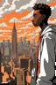 Placeholder: portrait in profile of a young African American teenager with an orange conedison his head. Large clouds of steam rise from the end of the cone on his head. With New York in the background. Made in the style of "Spider-Man: Into the Spider-Verse"