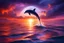 Placeholder: In a remote corner of the ocean, the sun bows its exit, draping the sky in a spectacular cloak of vibrant oranges, purples, and pinks. These hues kiss the sea, setting it ablaze with color, each wave reflecting the heavens' fiery palette. Amidst this tranquil seascape, a dolphin emerges, an embodiment of grace and exuberance. The setting sun anoints its leaping form with a shimmering veneer, accentuating the blue-grey tones of its skin against the water's canvas.