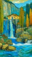 Placeholder: A blue Japanese palace near a waterfall painted by Vincent van Gogh