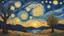 Placeholder: In the style of van gogh starry night,Νύχτα,χιονισμενο Δασος από ελατα στην ακρη μιας λιμνης, dramatic scene, festive, fireflies..Picture with references on Gustav Klimt