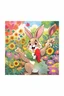 Placeholder: The cute bunny excitedly points at a bright yellow sunflower in the colorful garden, child book illustration style, faces must be the same as reference image