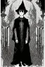 Placeholder: 7 year old boy, necromancer, friendly, looks dead, with weird mushrooms growing out of him, wearing black robes, in the style of Harry Clarke