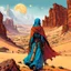 Placeholder: create an portrait of a nomadic shepherdess inhabiting an ethereal desert canyon land in the comic book style of Jean Giraud Moebius, David Hoskins, and Enki Bilal, precisely drawn, boldly inked, with vibrant colors