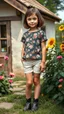 Placeholder: Photorealistic portrait of a strikingly beautiful lady who is actually a 5-year-old girl, standing in the countryside. She has a perfectly realistic, delicate face with light, natural makeup, sparkling eyes, and a neat bob haircut. She is dressed in a stylish, pretty floral top, fashionable short tight shorts, and elegant, nice leather ankle boots. She is standing gracefully next to a charming rustic country house, surrounded by a lush garden full of blooming flowers (like roses and sunflowers)
