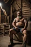 Placeholder: full figure shot photography of a 49-year-old turkish chubby beefy tattoo very hairy sweaty worker sitting spread-legged in an old sofa inside a construction site shed, big shoulders, boots, dressed in bulging shorts,shirtless, stubble, big manly legs, hairy chest, serious eyes, midnight, dim neon lights illuminating and shine on the beards of sweat that fill his large chest, photorealistic , ambient occlusion, view angle from the ground