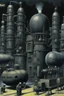Placeholder: A dark gray robotic factory with bombs painted by Max Ernst