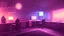 Placeholder: Dimly lit gaming room, with a single desk with a gaming PC, two monitors on the desk, gaming chair, bed in the background, the room is filled with neonlights, night time, atmospheric, detailed.