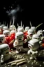 Placeholder: army of marshmallows living angry and armed in a fight with tomatoes in space