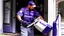 Placeholder: fedex driver at front door with a chainsaw