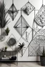 Placeholder: Create a realistic image of metal wire wall art with geometric figures, shapes and designs in a frame of same thickness of metal wire. Keep it simple with large spaces in between and use geometric composition