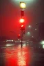 Placeholder: A 1990s car standing in front of a red traffic light, empty street, Cairo, 1990s, night time, rain, winter, movie scene Nick Harris style