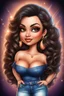 Placeholder: create an airbrush illustration of a chibi cartoon curvy hispanic female wearing Tight blue jeans and a peach off the shoulder blouse. Prominent make up with long lashes and hazel eyes. She is wearing brown feather earrings. Highly detailed long black shiny wavy hair that's flowing to the side. Background of a night club.