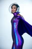 Placeholder: "Artistic photography (((FULL BODY from HEAD TO TOE + profile))), She is a Pleiadian woman with large bright almond-shaped eyes, she is beautiful and smiling, with indigo-purple blue skin, Asian style 40 years old, wearing a one-piece iridescent shimmering skintight spacesuit with gold designs down to her feet, she has pointed shoulder pads and a large high collar, a small cape, and skintight ankle boots the color of her suit with flat heels. She is wearing a transparent sci-fi style space helme