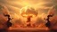 Placeholder: a nuclear explosion cloud(middle), the wind and smoke from the explosion forming shapes of dancing india women(left and right sides), religiose art, fantacy
