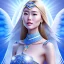 Placeholder: portrait of a beautiful mongolian woman with an angel face smiling,long blond hair, blue eyes, pink and blue dress, jewels, soft light aura