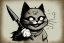 Placeholder: Cat diabolical smiling with a bloody knife with blood. Comic style