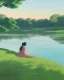 Placeholder: girl sitting by the river, green landscape with oversized trees, at dusk, ghibli