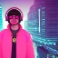 Placeholder: stylized Rabbit, smiling, cyberpunk headphone, sunglass, gangsta gold neckless, full body, magenta puffer jacket, manila city backdrop, dramatic lighting, hyper realistic, unreal engine 5, 16k