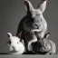 Placeholder: image with 3 animals: 1 grey rabbit + 1 black and grey rabbit + 1 red-headed cat