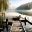 Placeholder: Generate a serene lakeside scene with a wooden dock stretching out into the water. Include a rowboat with oars resting beside it and a peaceful mist rising from the lake."