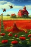 Placeholder: field, farm, scarecrow, plants, red flowers, grass, sky, bees, honey, bee houses, trees, fountain, flowers