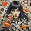 Placeholder: Cubist collage, surreal fragmented composition, oddly proportioned English woman with dark straight haired with bangs holding a magnifying glass making one eye large, cutout hearts and goldfish, 2.5D, fragmented tiles, moody, sinister whimsey, duotone