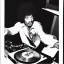 Placeholder: Jimi Hendrix at a turntable with headphones on being a DJ, cigarette