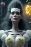 Placeholder: 4K Ultra-HD, Hyper realistic, cinematic lighting -- the bride of Frankenstein , short, bowl-cut black hair, dead eyes, Yellow skirt, blue blouse with short poofy sleeves, extremely pail skin, wilted Rose pedals, gloomy, foggy, Castle, Full body image -- 4k, stunning, dramatic lighting, dramatic background, cinematic, atmospheric, very detailed, historic, powerful, octane rendering, exquisite detail, 30 - megapixel, 4k, 85 - mm - lens, sharp - focus, intricately detailed