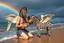 Placeholder: Charon on his knees on the shore holding feeding zebra coconut wearing crying angel zebra holding his head with rainbow background