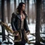 Placeholder: Handsome and muscular 30 year old mountain man with long hair and tattoos, wearing furry leather jacket, dark fantasy, snowy forest