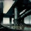 Placeholder: Dark Contemporary abstract painting of Lebbeus Woods concrete carpark in a wasteland techno decaying landscape. Hazy foggy night sky. Concrete ground. Exposed twisted concrete and pipes. Style Justin Mortimer and Francis Bacon. Close up