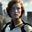 Placeholder: ultrarealistic, ruined city,__sci-fi armor__, __angles__, 18 year old woman, strikingly beautiful, ginger hair, _colour_, [__starlets__|__starlets__], (pale __skincolor__ skin:1.2), __camera__, _hair_, detailed face and eyes, medium breasts, leather choker, freckles, dynamic pose, resolved expression, __accessory__, strappy outfit, (straps:1.1), sword in scabard on left hip, (buckles, buttons, snaps, rings:1.0), haltertop style breastplate, detailed eyes, plump lips, sci-fi theme