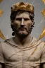 Placeholder: Realistic image, Roman sculpture made in marble with gold veins, Lionel messi, gold laurel leaves crown, waist up portrait,marble material, gold ornaments, Renaissance style, sun rays background, epic, celestial, cinematic lighting, God lights, 4k resolution, smooth details, soft lighting, unreal engine 5, art station, substance 3d.