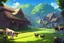 Placeholder: Farm, green grass, house, girl , cow's tail, cow's horne , cow's under