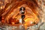 Placeholder: make a video pretty crystal cave covered with jewells and CIFI jewell lights and miniature city buildings and miniature people and streets, a beautiful fashion model lady with cute,curvy hair,makeup, in pretty sports suit is running inside cave ,dynamic camera fallow her inside cave capturing full body, dynamic lights.