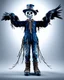 Placeholder: terrifingly cute cyberpunk scarecrow holding a crow, in the style of Android Jones, photography, head to toe, full body shot, white, navy blue grey, very detailed, very clear photo, 3D,