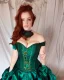 Placeholder: Busty princess with long auburn hair green eyes wearing a big dark teal green and gold satin ballgown corset off shoulder top casting magic full body and face