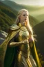 Placeholder: Realistic photography,young female elf, beautiful blonde shoulder length straight hair, front view, looking at viewer, blonde long hair, intricate golden and white armor, delicate golden and white filigree, golden metalic parts, detailed part, glowing blue eyes, dynamic pose, intricate green cape, dynamic lighting, full body shot, on a hill overlooking a mountain