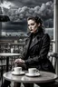 Placeholder: goth fashion model sitting on the coffee shop's teracce. goth black trench coat. Big black clouds on the grey sky, storm with lighting. intense white light. high detalied, sharp focus, perfect shot, professional photo