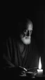 Placeholder: Clay brown colour Bosch style painting for an old man with no hair, No beard or no eyebrows on candle light from the left side in a dark environment black and white , 4k