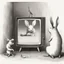 Placeholder: pig watching a tv about video game persona with a rabbit playing music beksinski style