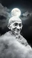 Placeholder: Portrait of Mahatma Gandhi , all white form formed from white smoke all background, full moon and smoke clouds stormy weather