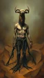 Placeholder: Bosch painting style nightmare, a man with legs looks like tree roots , and head looks like camel head, in the desert sands , dramatic sad scene, fantasy, scary.